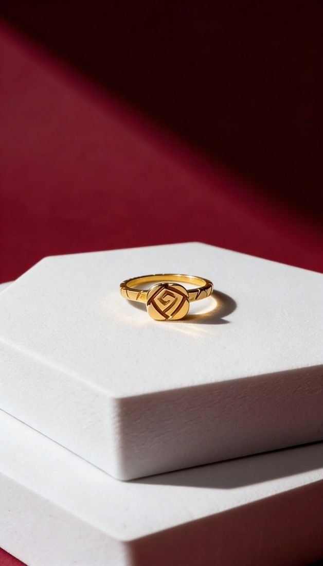 Gold ring with a carved rose motif on a square face